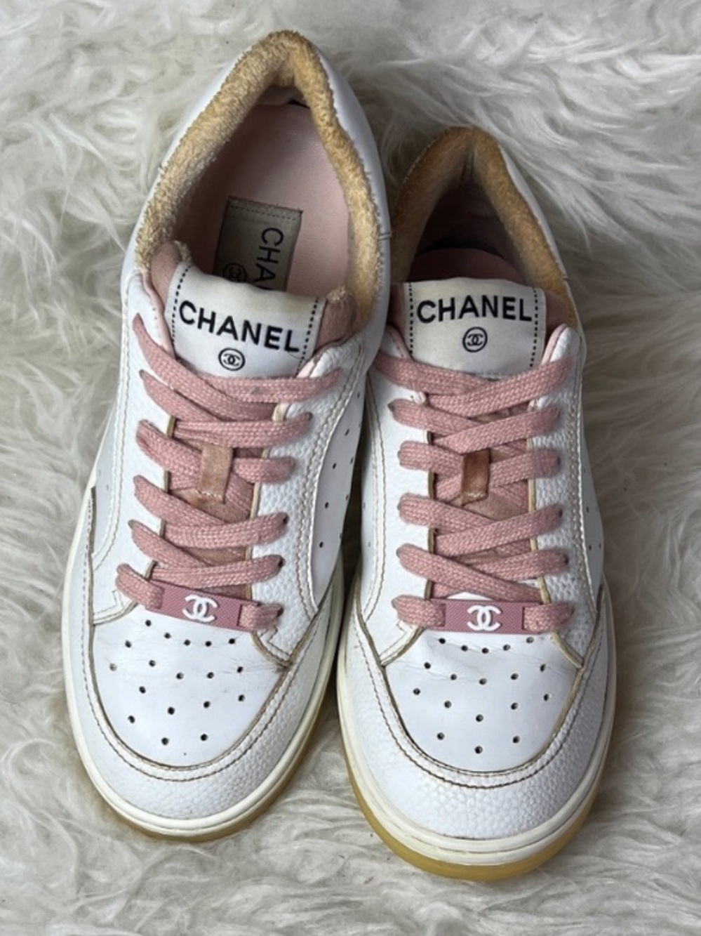 CHANEL Women's White/Pink Lace-Up Sneakers Size 7 US